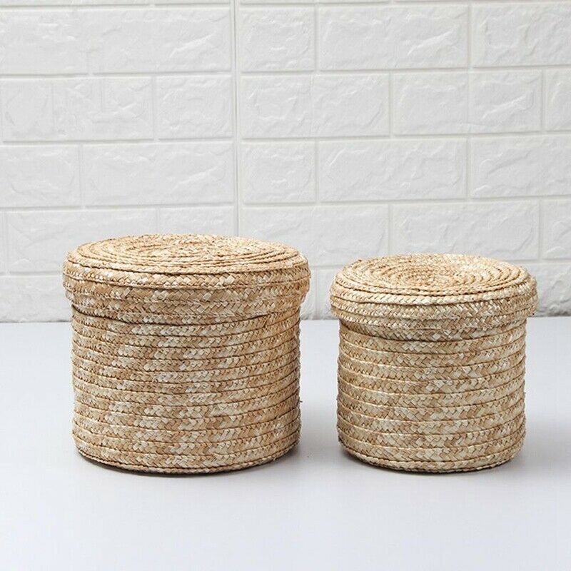 3 Pcs/Set Handmade Straw Woven Storage Basket With Lid Snack Organizer Stor B9S3
