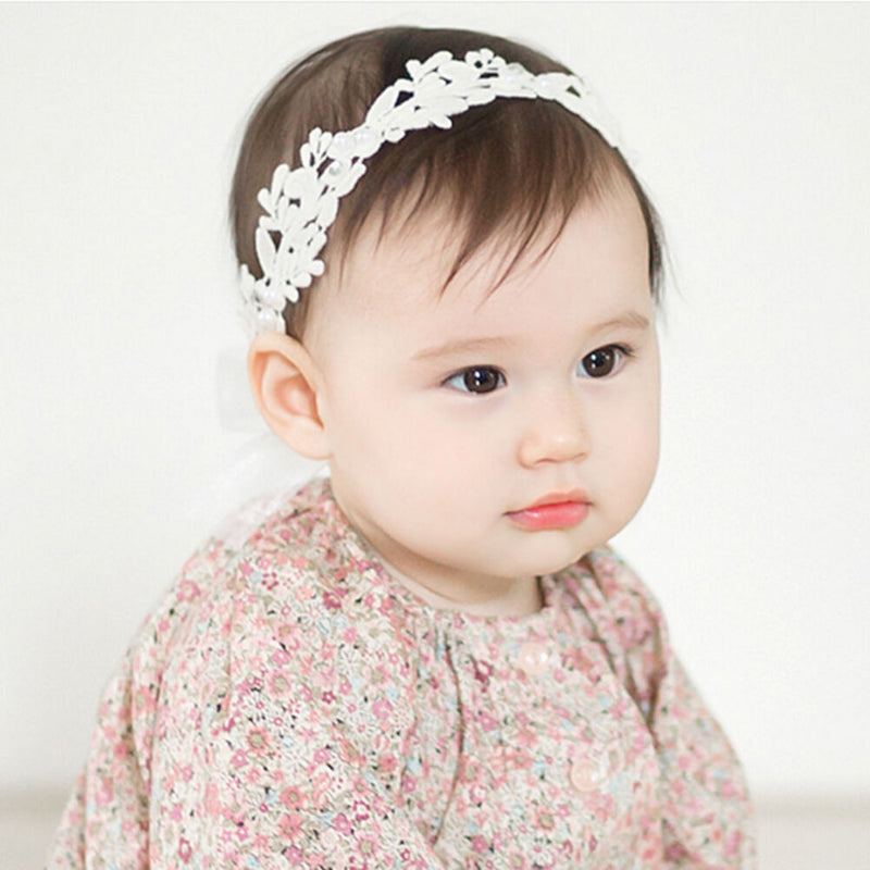 Baby Girls White Floral Hair band Adjustable Headband Lace Flower Headband Gw