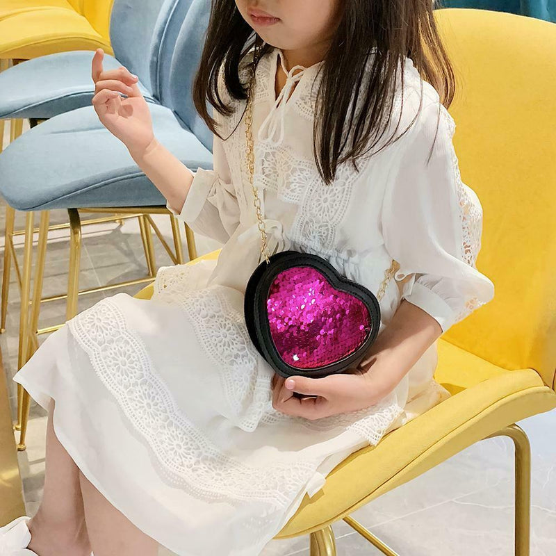 Sequins Heart Shaped Shoulder Handbags Kids Girls Crossbody Bags (Rose Red)