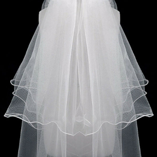 5X(Women Wedding Veil Dress White Bowknot Layers Tulle Ribbon Edge Bridal  M7H6)