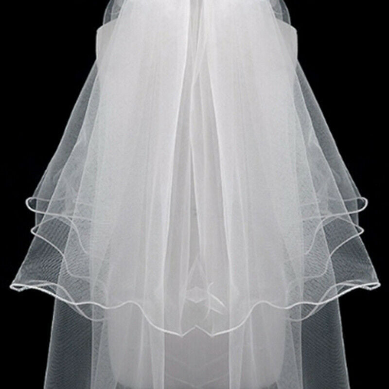 5X(Women Wedding Veil Dress White Bowknot Layers Tulle Ribbon Edge Bridal  M7H6)