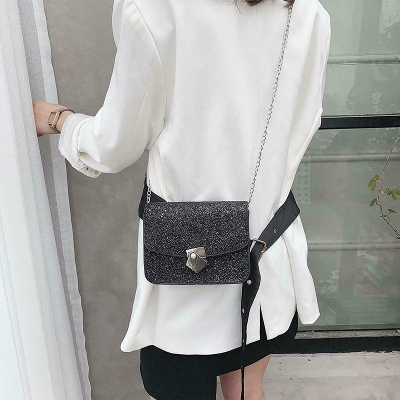 Solid Color Women PU Leather Shoulder Bag Flap Chain Messenger Bag (Black) A