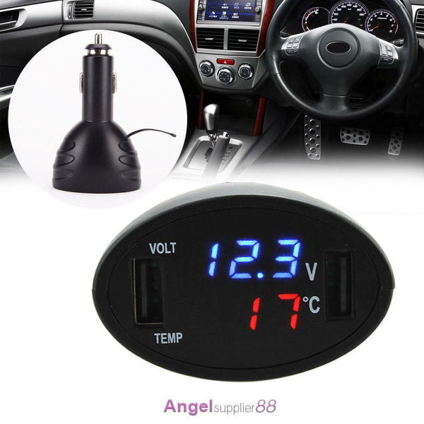 3in1 Car Digital LED Thermometer Dual USB Charger Cigarette Voltmeter 12V/24V