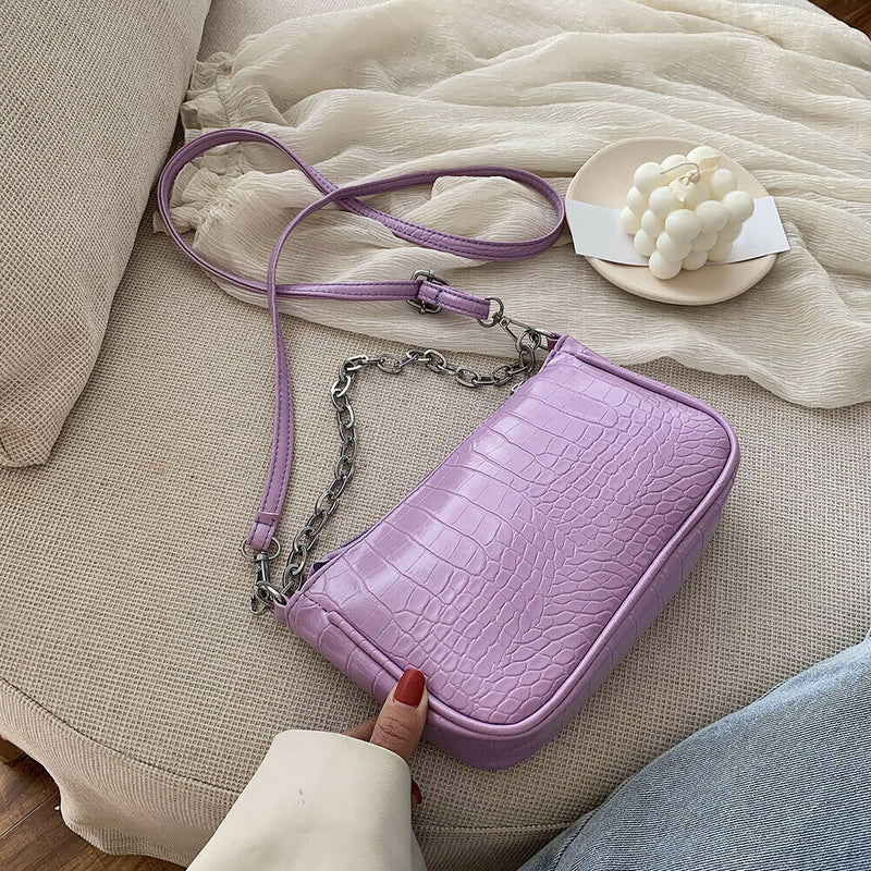Women Stone Pattern Shoulder Bags PU Leather Chain Purse Handbag (Purple)