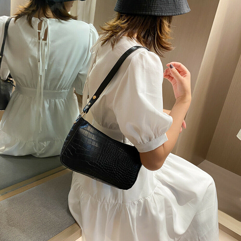 Women Alligator PU Leather Handbag Ladies Zip Totes Shoulder Bags (Black)