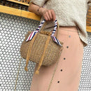 Women's Beach Handbag Straw Shoulder Bag with Handles and Silk Ribbon Bucke B6D7