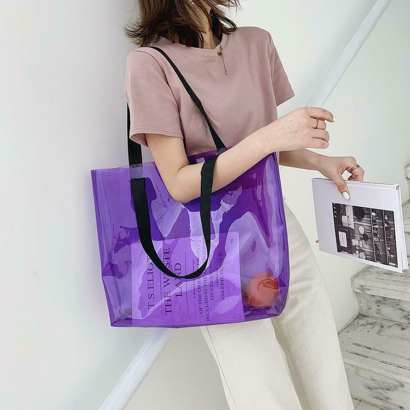 Clear PVC Transparent Shopping Bag Shoulder Handbag Women Totes (Purple)