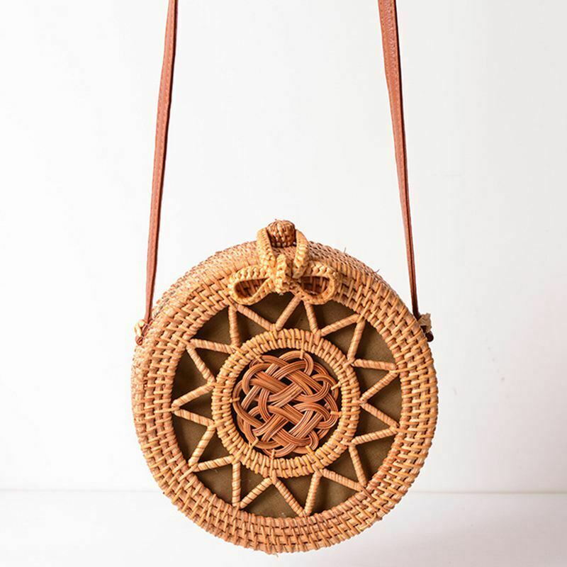 Woven Rattan Bag Round Straw Shoulder Bag Small Beach Handbags Women Summer B2R7