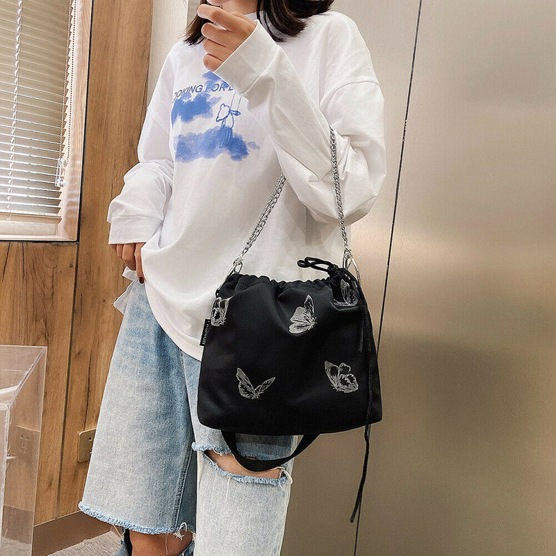 Luminous Butterfly Messenger Bag Women Drawstring Shoulder Handbag (Black)