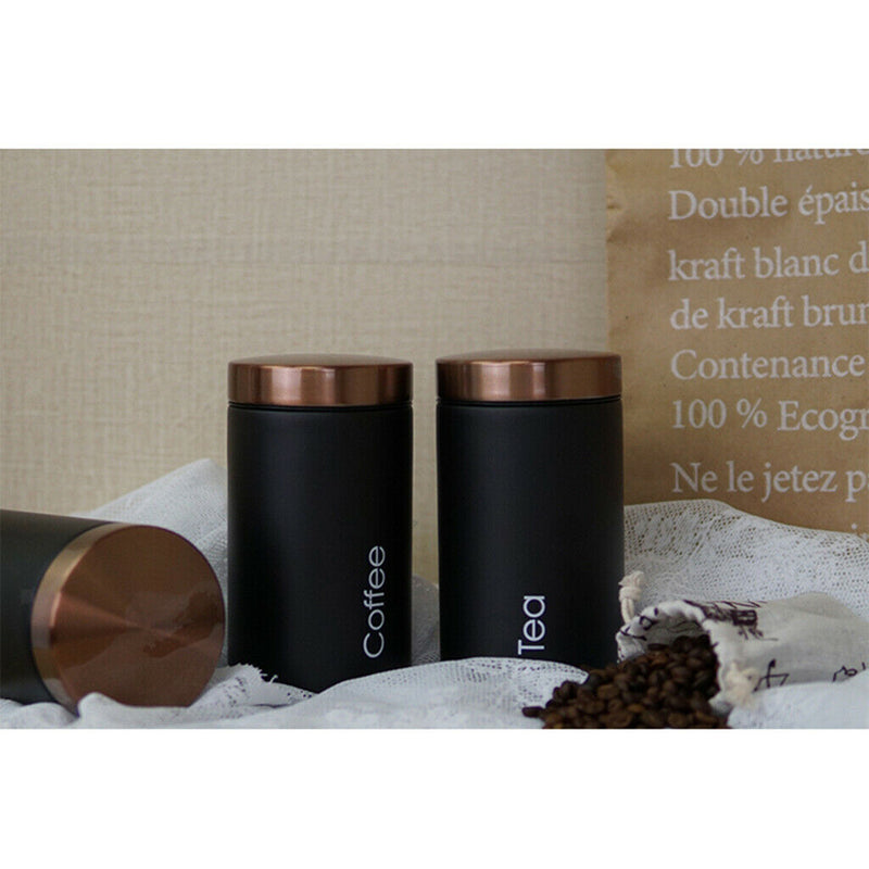 3pcs Tea Coffee Storage Canisters w/ Lid Kitchen Dry Nuts Space-saving Black