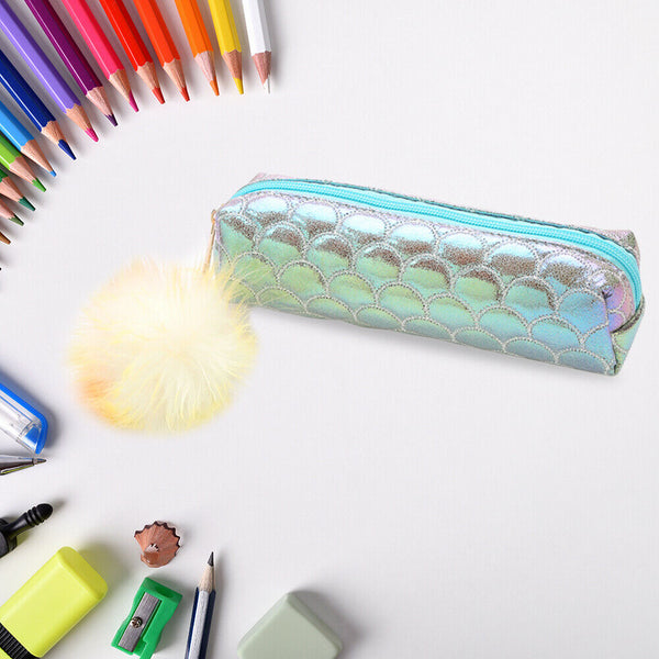 Fish Tail Sequin Pencil Case PU Pompom Pencil Bag School Stationery (Blue) A#S