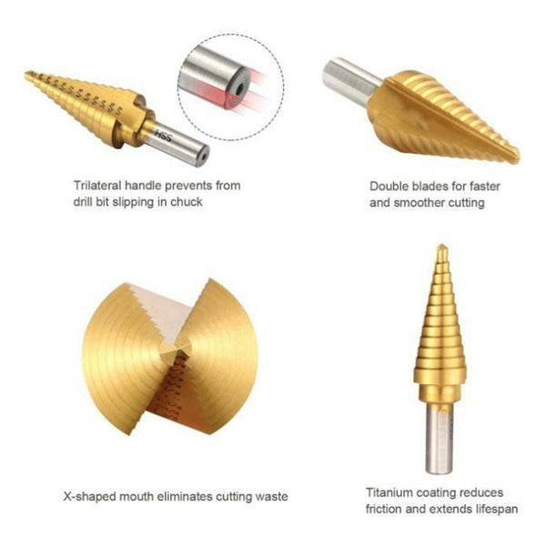 6PCS Steel Step Drill Hex Shank Set with Aluminum Case,Double Cutting Blades &