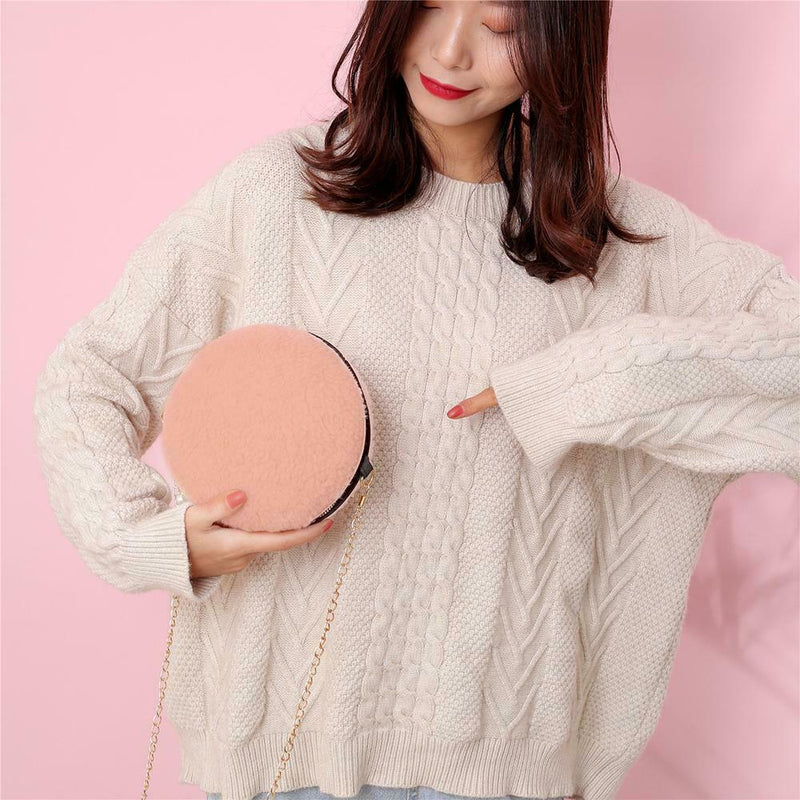 Small Round Messenger Bags Women Plush Shoulder Chain Handbags (Orange)