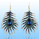 Women Charm Rhinestone Peacock Feather Shape Statement Hook Dangle Earring Delux