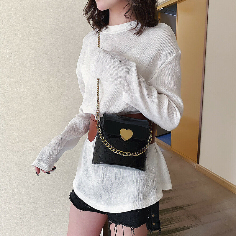 Women Bucket Shoulder Bag Leather Love Buckle Chain Crossbody Bags (Black)