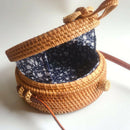 Women Handwoven Rattan Round Bag Shoulder Leather Straps For Outdoor Leisur