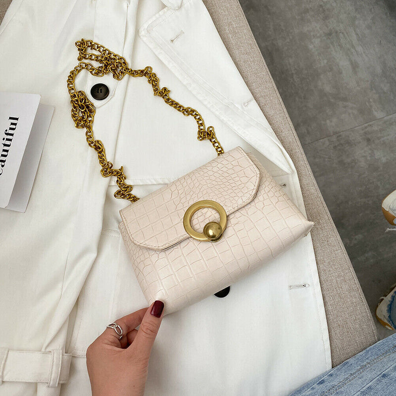 Alligator Leather Chain Shoulder Bag Women Purse Crossbody Pouch (White)