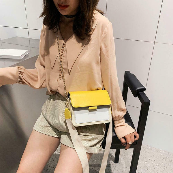 Hit Color Shoulder Handbags Women Chain Leather Flap Crossbody Bag (Yellow) A#S