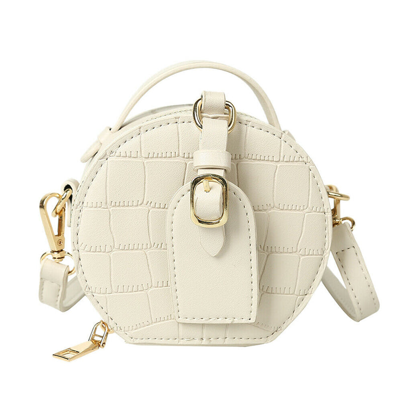 Women Small Round Shoulder Handbag Leather Stone Pattern Totes Bag (Beige) A