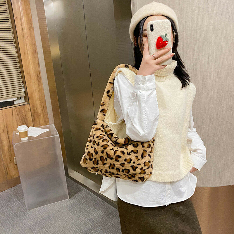 Animal Pattern Shoulder Underarm Bag Women Plush Top-handle Handbag (4)