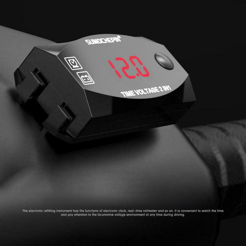 12V Motorcycle Electric Vehicle 2-in-1 Digital Display Voltmeter Time Clock