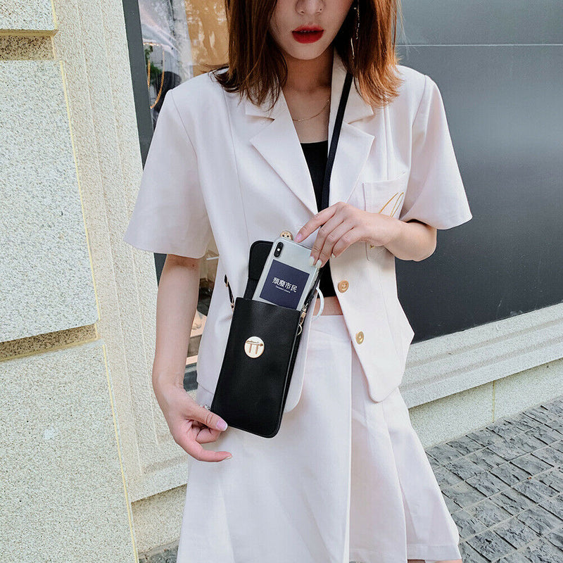 Women Touch Screen Mobile Phone Pouch PU Splicing PVC Crossbody Bag (Black)
