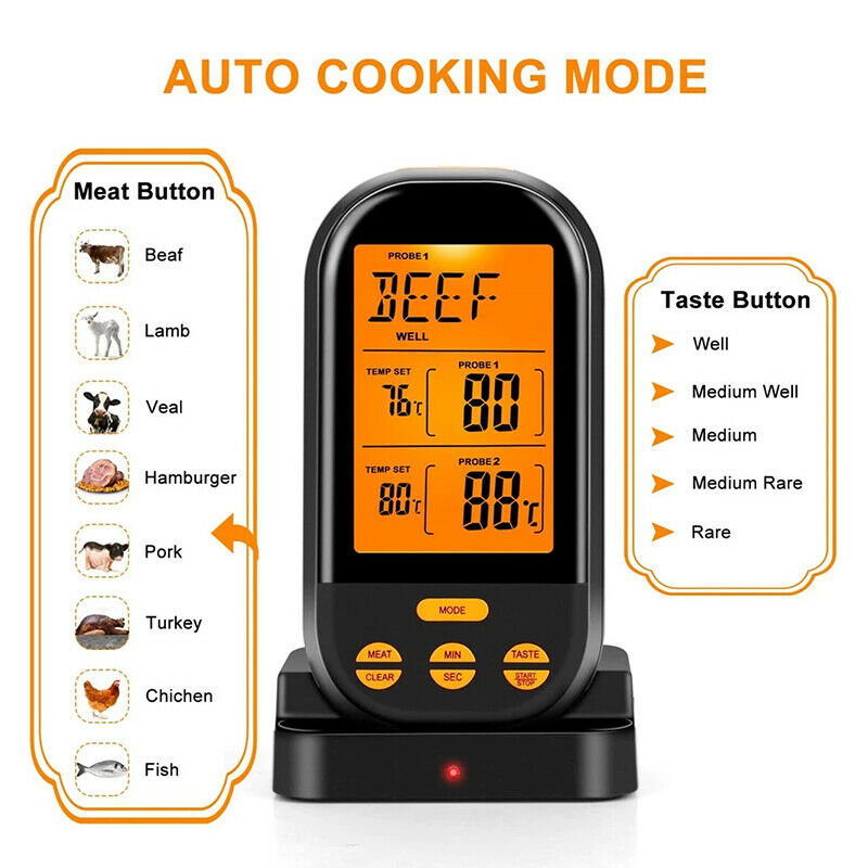 Wireless Remote Dual Probe Digital Meat Thermometer w/2 Probe For BBQ Oven Grill