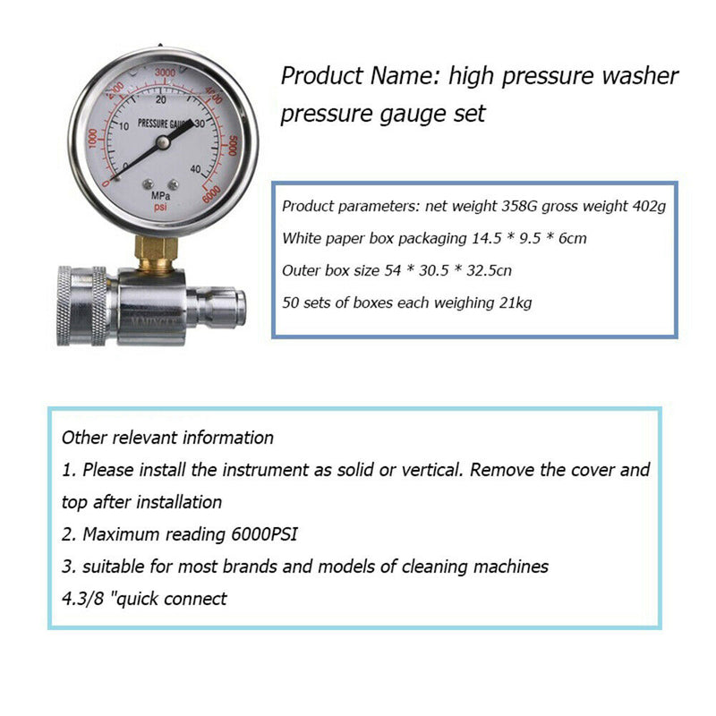 Stainless Steel Pressure Washer Pressure Gauge 6000PSI/40MPa 3/8in Fitting
