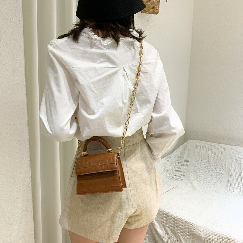 Women Mini Shoulder Bag Alligator PU Tote Chain Crossbody Pouch (Brown)