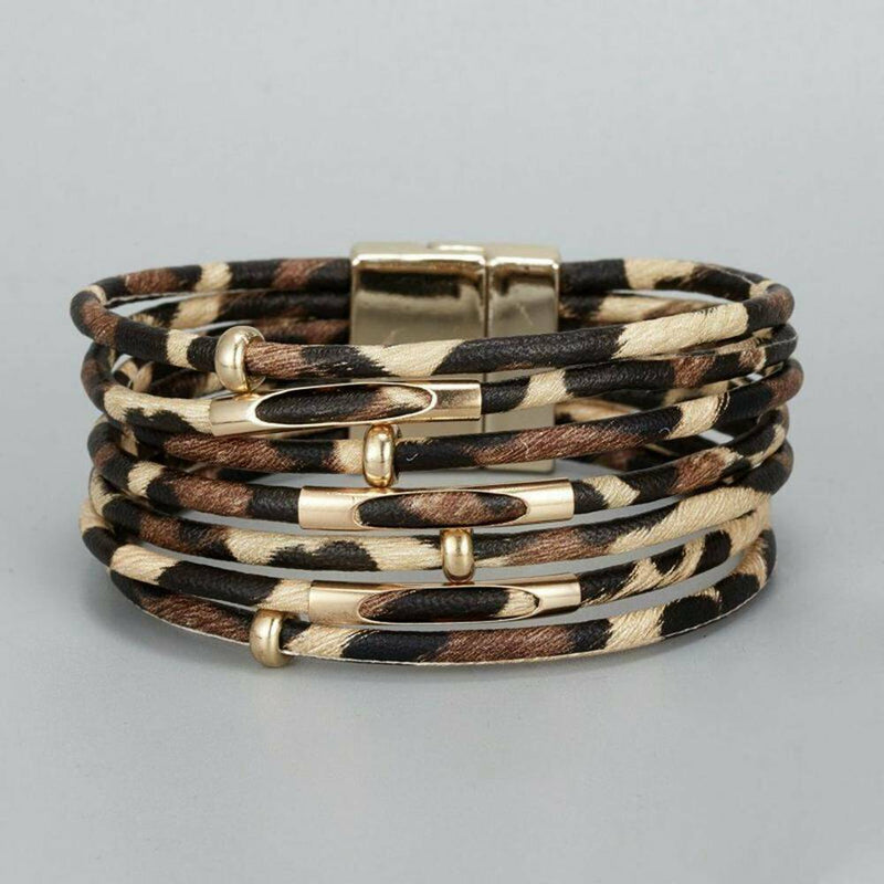 1 Set Fashion Charm Women Multilayer Leopard Leather Bracelet & Acrylic Earrings