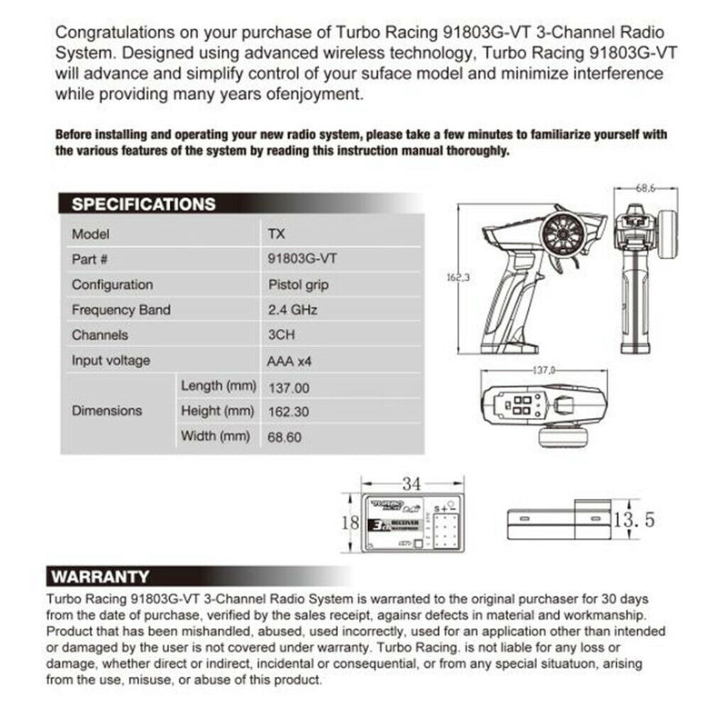 2.4G 91803G-VT 3CH Radio System Transmitter Controller Remote Control & Receiver