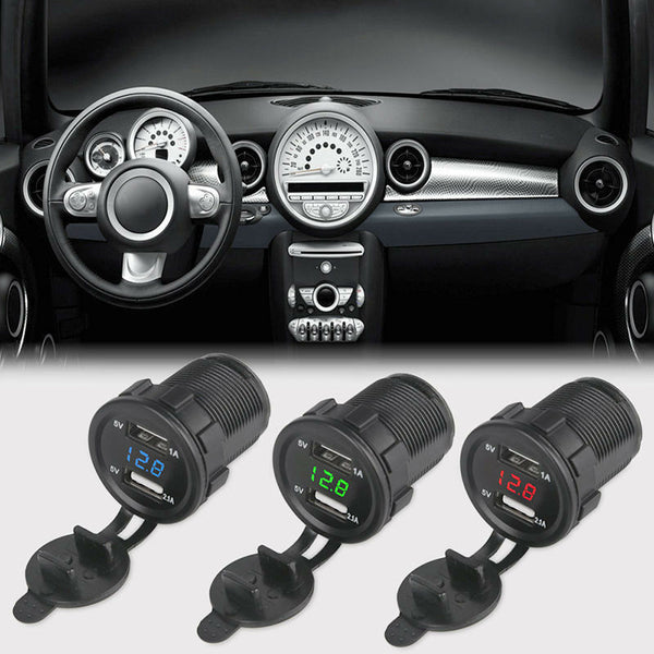 Dual USB Motorcycle Car LED Charger Socket Voltage Voltmeter Panel 12V 3.1A