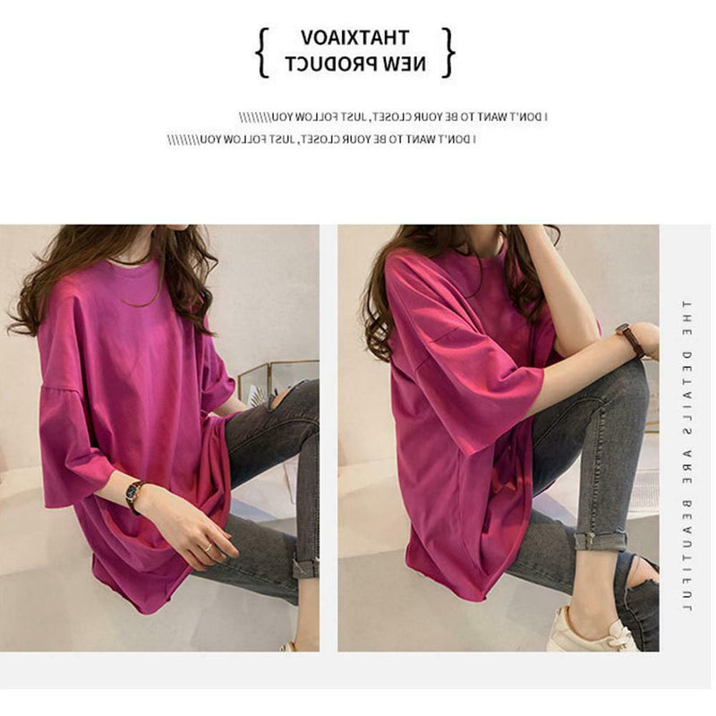 Summer Half Sleeve Long T-shirt Candy Color Loose Women Tops (Rose Red M) A