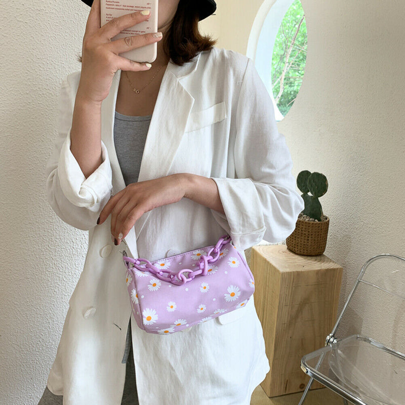 Daisy Flower Handbag Beach Women Canvas Chain Shoulder Bucket Bag (Purple)