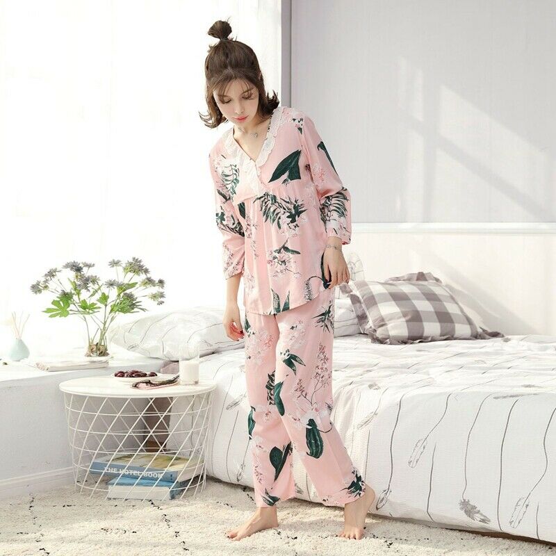 Women Autumn V-neck print 2-pcs Pajama Sets Floral Long Sleeve Sleep Wear C F2E9