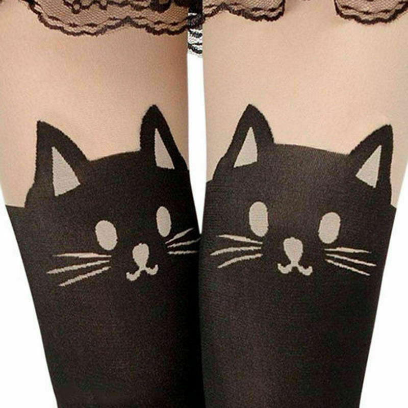 Lady Enticing Cat Tail Tattoo Printed Knee High Stockings Pantyhose Tights O8H6