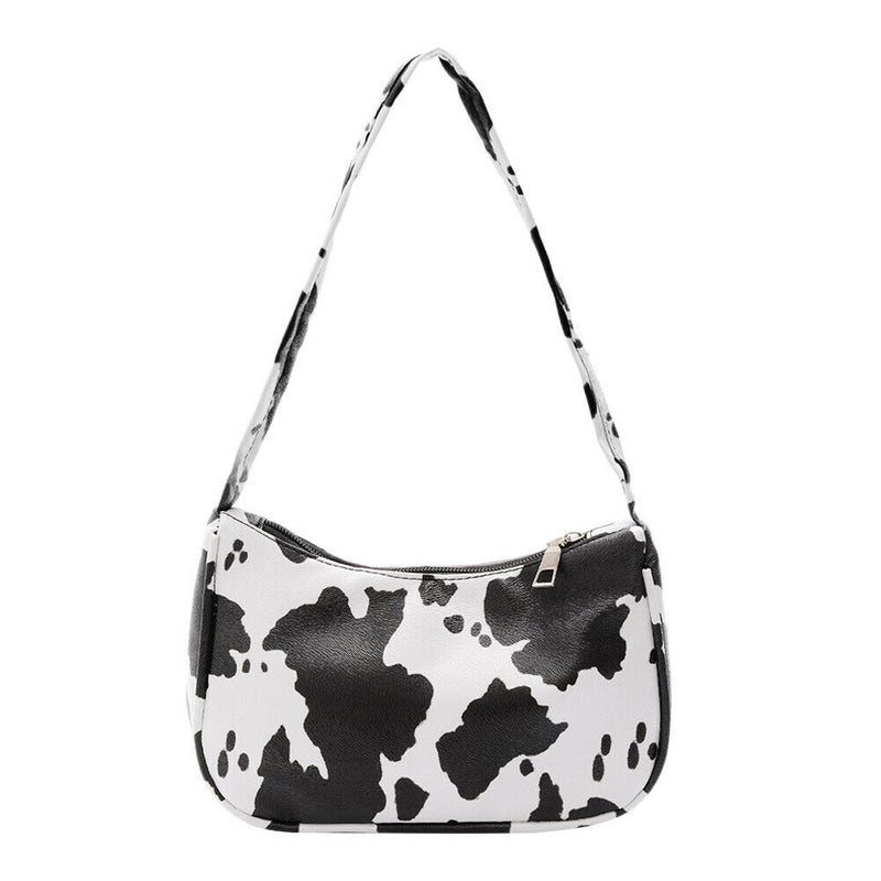 Cow Dot Printed Handbag Women PU Totes Small Underarm Shoulder Bag (White)
