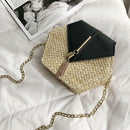 Hex-shape Straw+PU Shoulder Handbags Beach Women Top-handle Bags (Black)