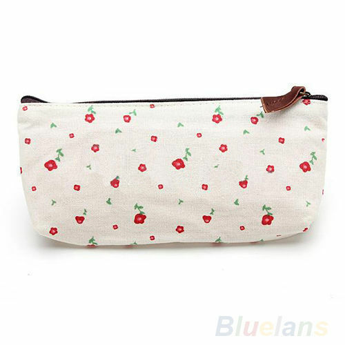 Flower Canvas Pencil Pen Case Cosmetic Makeup Bag Storage Pouch Purse Blue