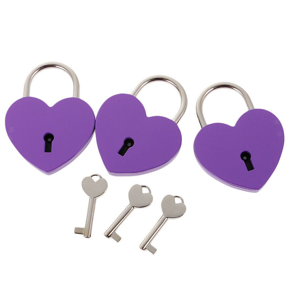 Set of 3 Cute Heart Shape Padlocks Metal Lock with Keys, Purple L