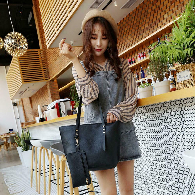 4pcs/set Solid Color Litchi Pattern Women Shoulder Handbags Clutch (Black)