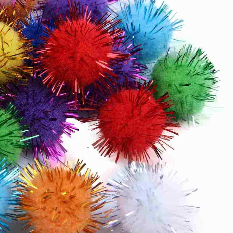 100 pcs Mini Colorful Sparkly Glitter Tinsel pompon Balls Toys Dog Cat Bird C6E2