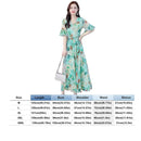 Elegant Floral Print Maxi Women Summer V-neck Short Sleeve Belt Dresses (M) A