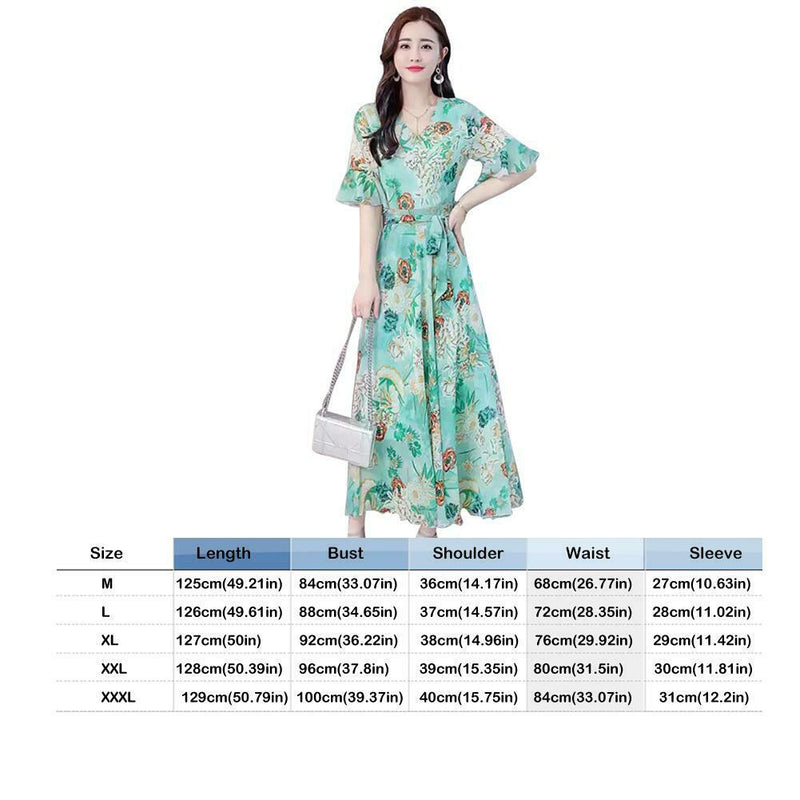Elegant Floral Print Maxi Women Summer V-neck Short Sleeve Belt Dresses (M) A
