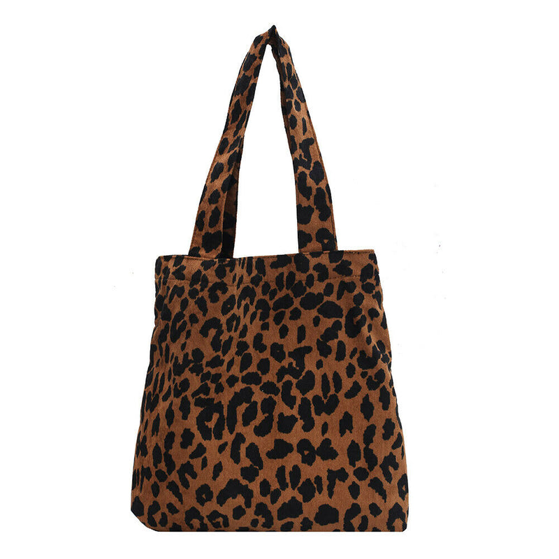 Women Corduroy Handbag Animal Print Big Capacity Shoulder Bag (Leopard)