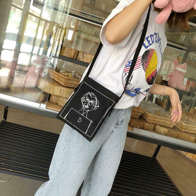 Canvas Women Shoulder Crossbody Bag Cartoon Printed Daily Handbag (Black) A