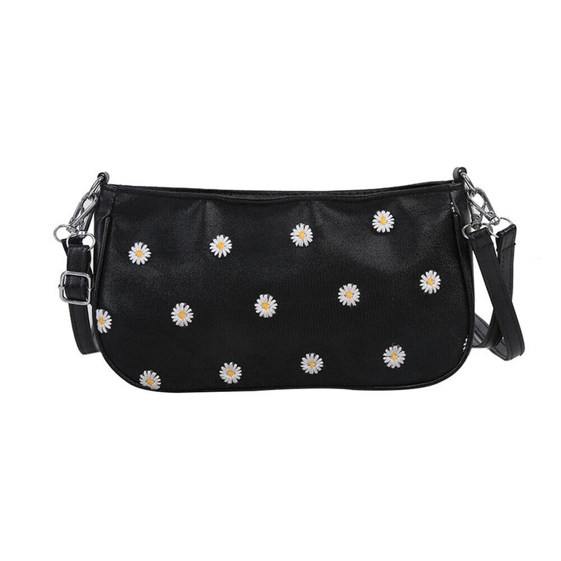 Daisy Flower Crossbody Bag Women PU Elegant Shoulder Tote Handbag (Black) A