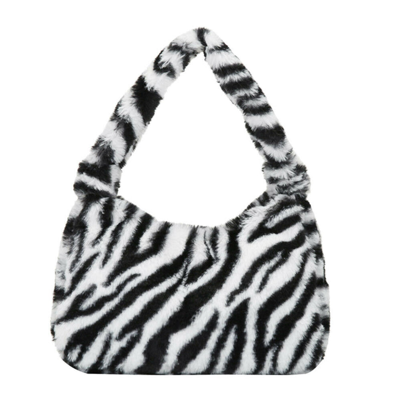 Women Winter Fur Handbag Plush Soft Shoulder Underarm Bag (White Zebra)