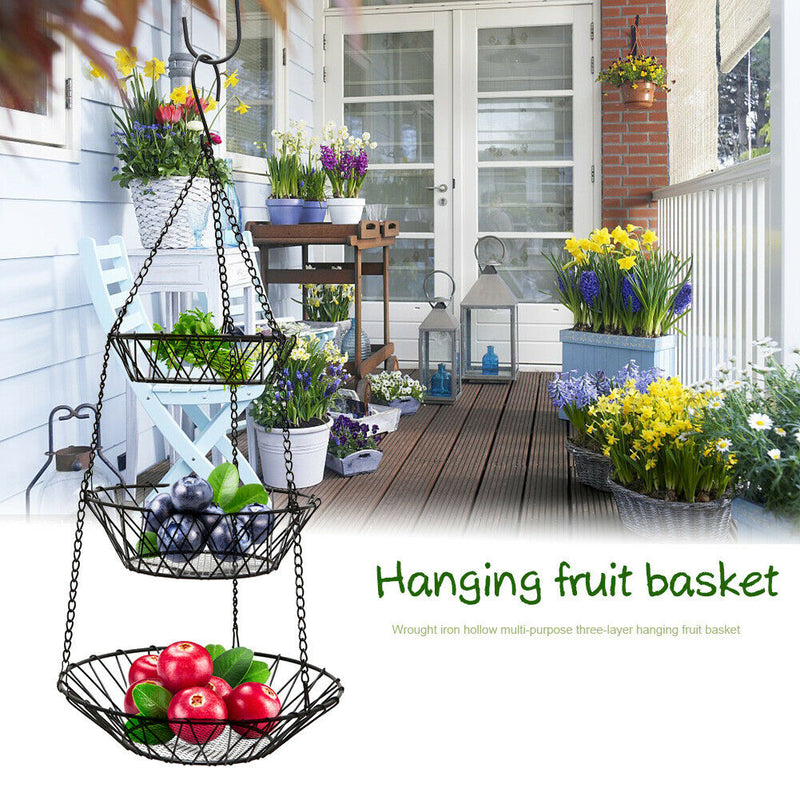 Plants Fruit Basket Pierced Country Style Home Space Saving Chain Hanging 3 Tier
