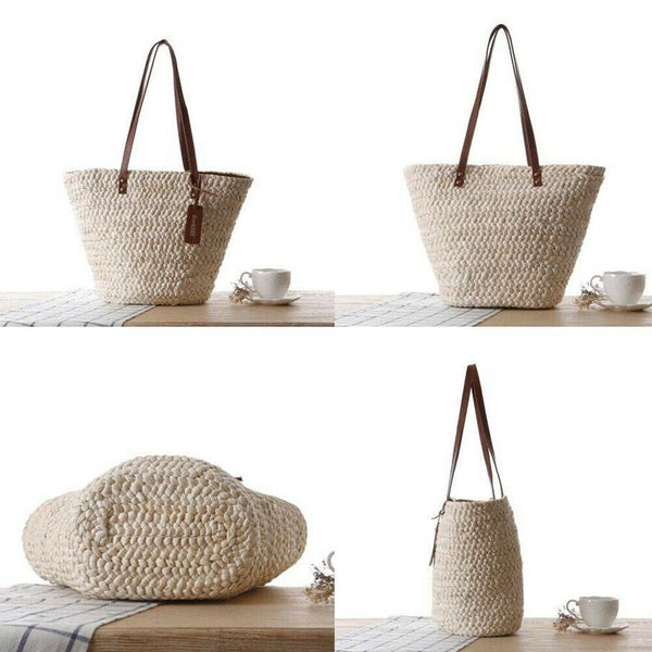 Women Beach Woven Shoulder Bag Holiday Totes Travel Bucket Straw Handbags